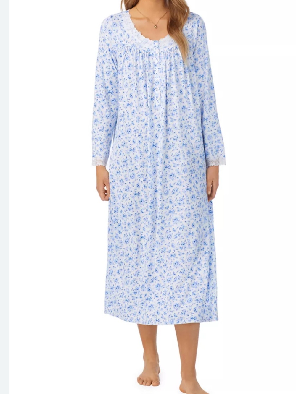 Eileen West Lace Trim Nightgown Midi Blue Floral Bud Print S